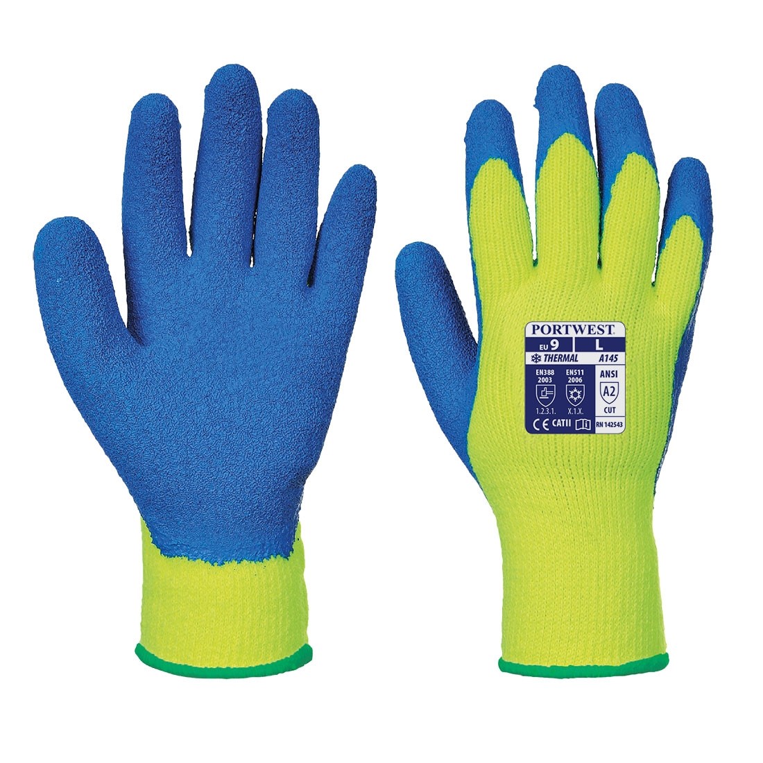 Gero sukibimo šaltyje pirštinės (lateksas) PORTWEST A145. Spalva: geltona/mėlyna, Dydis: XL 