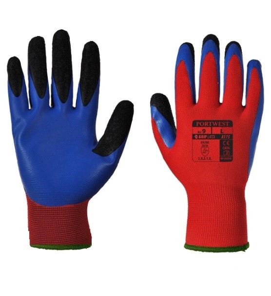 Duo - Flex pirštinės (lateksas) PORTWEST A175. Spalva: raudona/mėlyna, Dydis: XL 