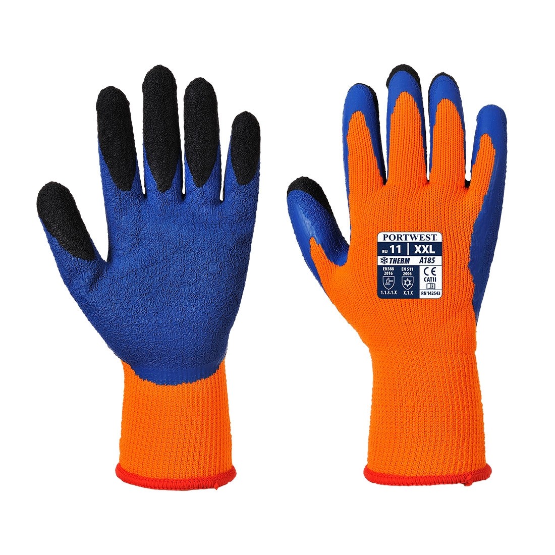 Dvigubai pašiltintos pirštinės (lateksas) PORTWEST A185. Spalva: oranžinė/mėlyna, Dydis: XL 