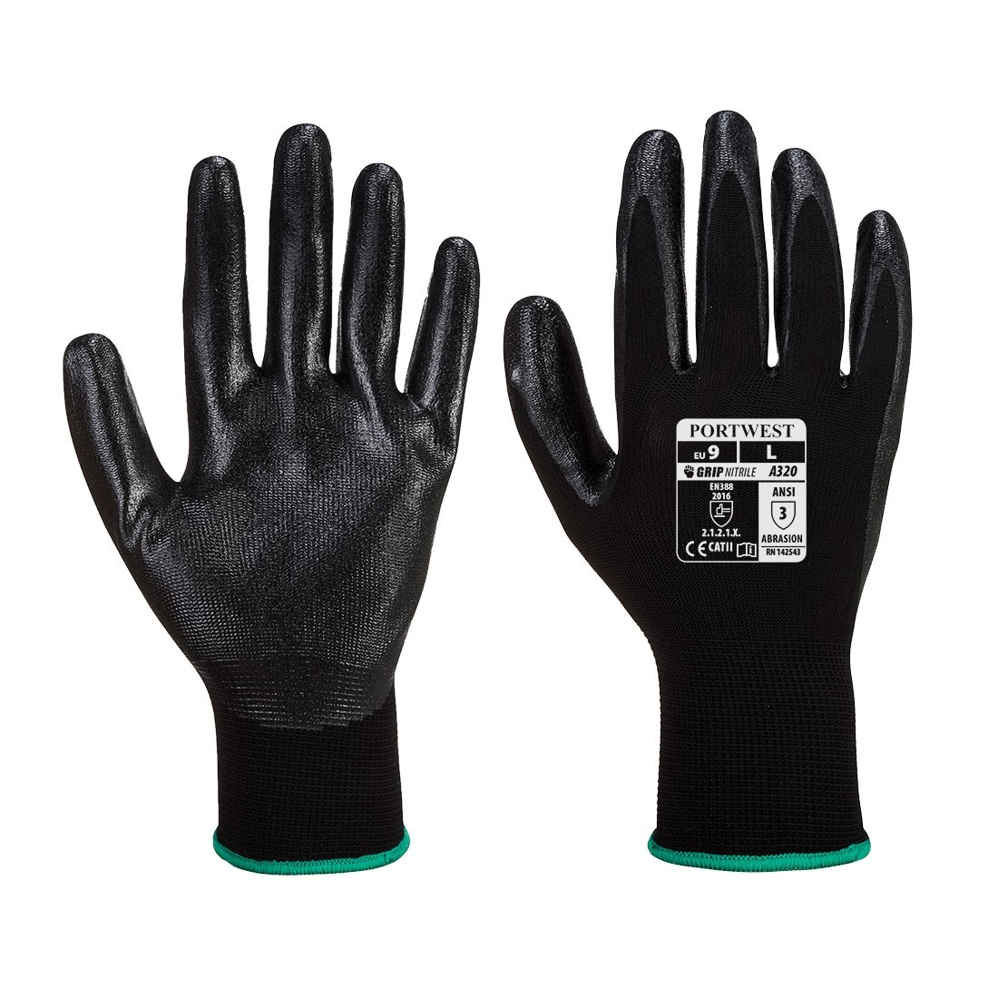 Dexti - Grip aplietos pirštinės (nitrilo puta) PORTWEST A320. Spalva: juoda/juoda, Dydis: XL 