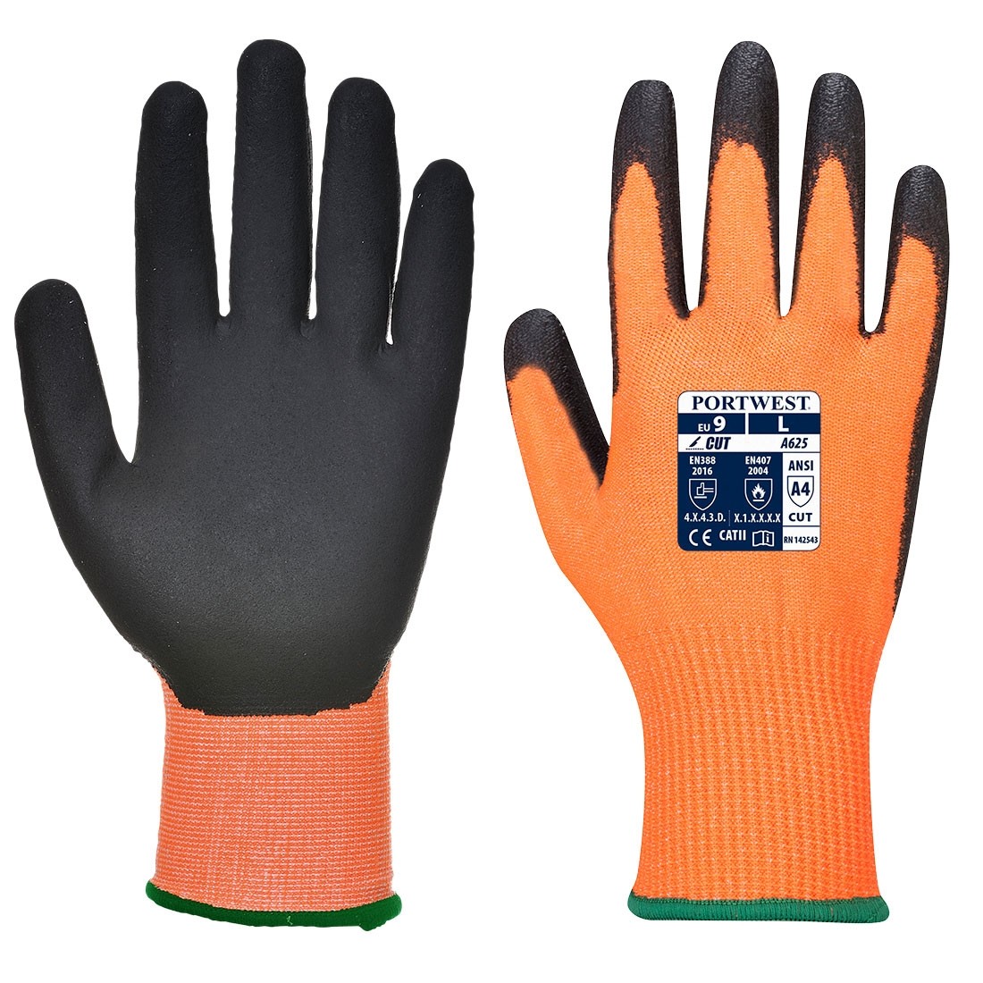 Vis - Tex įpjovimui atsparios PU pirštinės PORTWEST A625. Spalva: oranžinė/juoda, Dydis: XL 