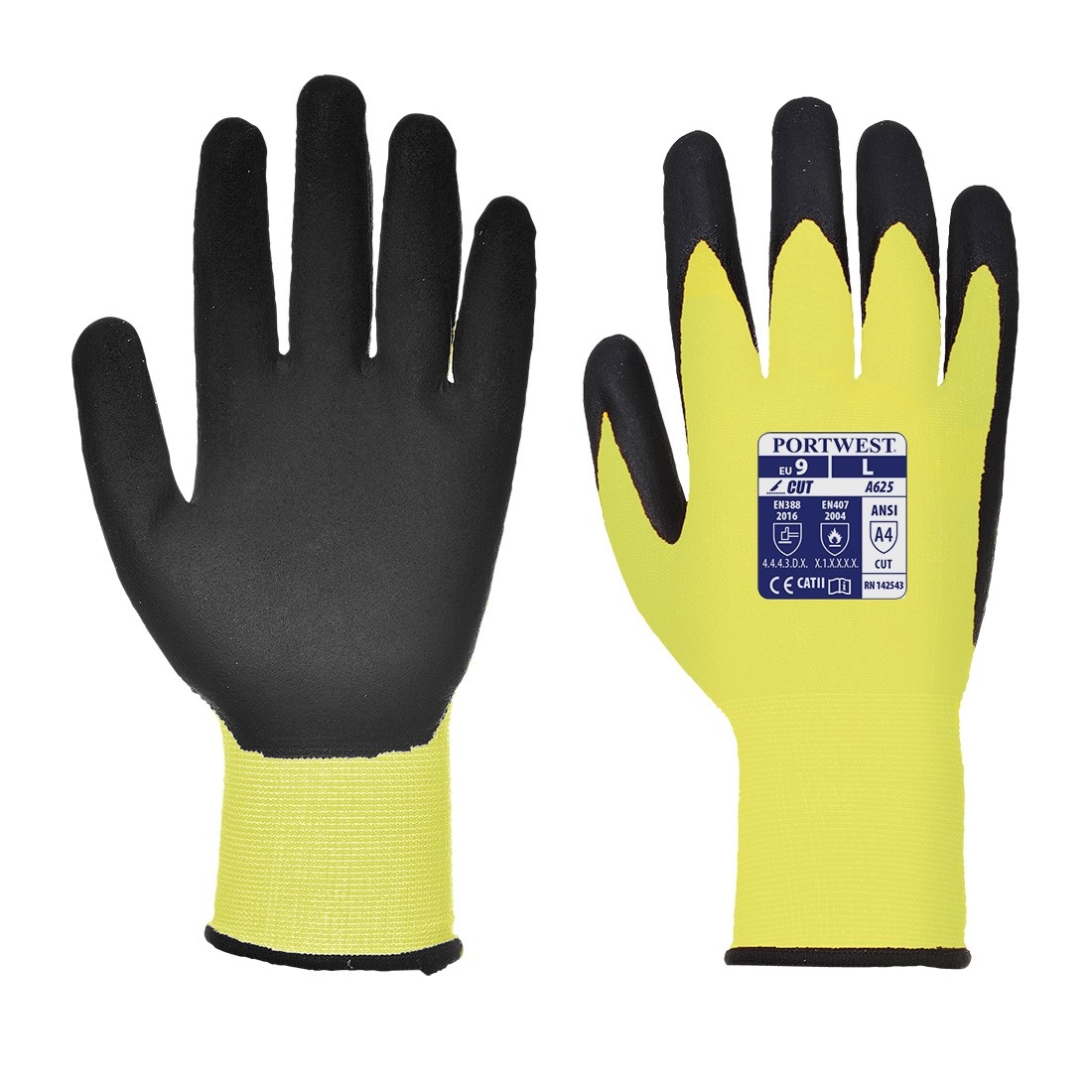 Vis - Tex įpjovimui atsparios PU pirštinės PORTWEST A625. Spalva: geltona/juoda, Dydis: XXL 
