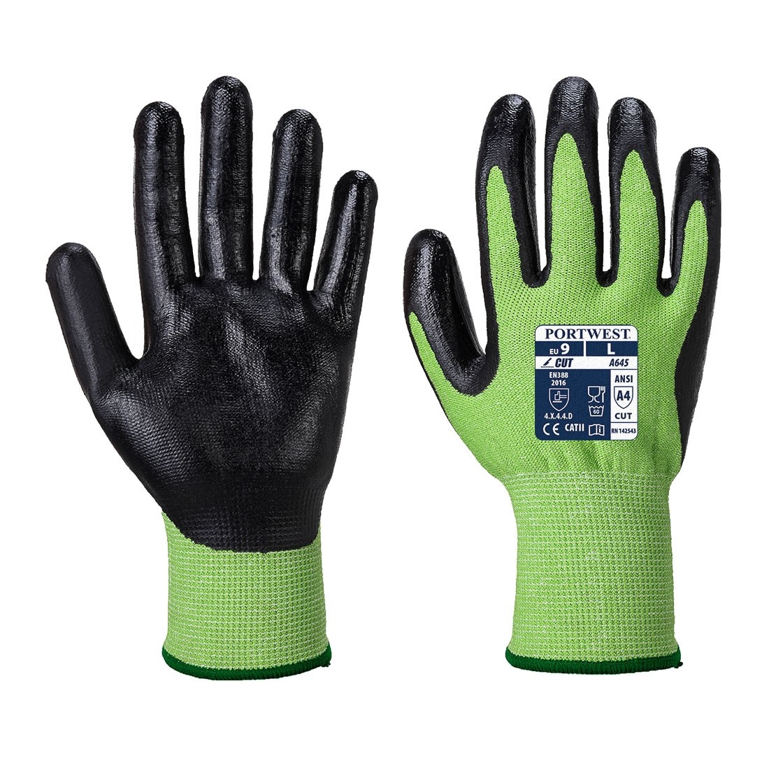 Pirštinės Cut su nitrilo puta PORTWEST A645. Spalva: žalia/juoda, Dydis: XL 