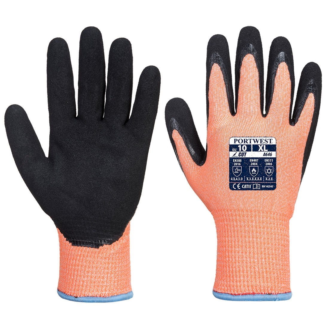 Žieminės nitrilo pirštinės apsaugančios nuo įpjovimo PORTWEST A646. Spalva: oranžinė/juoda, Dydis: XXXL 