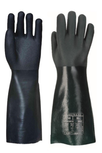 Dvigubu sluoksniu dengtos PVC pirštinės (45 cm) PORTWEST A845. Spalva: žalia, Dydis: XL 
